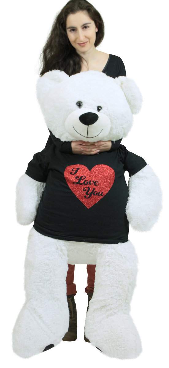 Very Big Valentine White Teddy Bear Wears Removable Black and Red Glitter T-shirt I Love You Soft 52 Inches