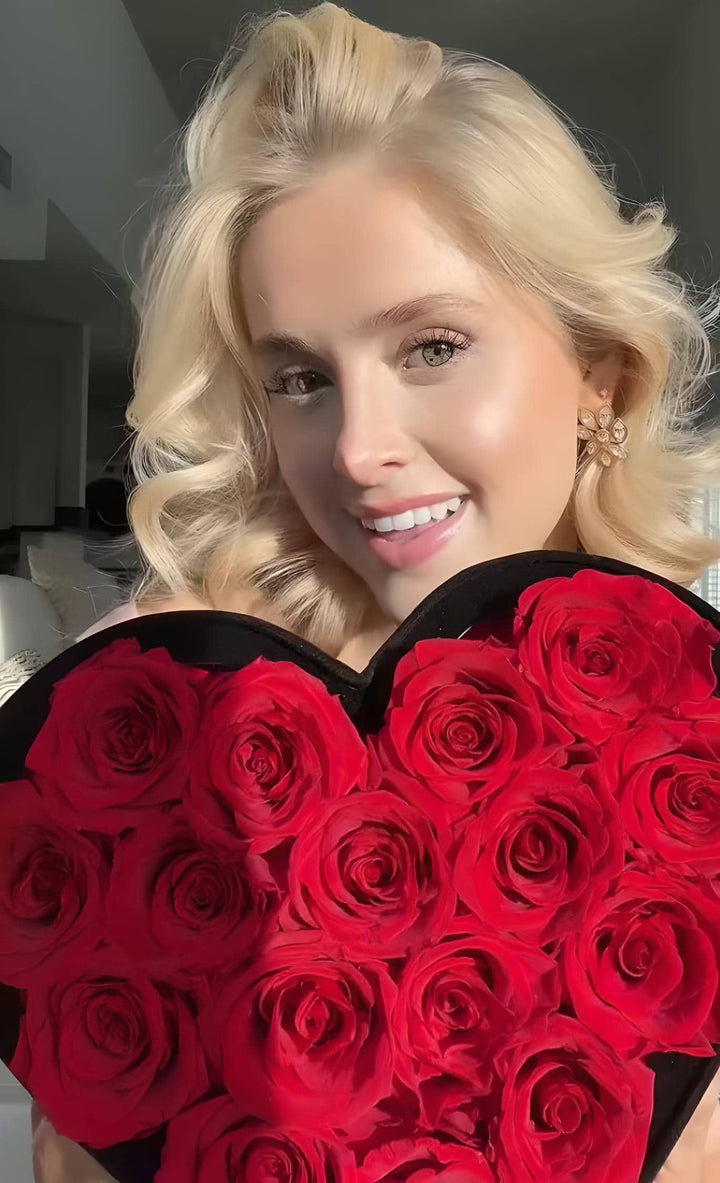 16 Preserved Roses Eternal Forever Rose Gift in Heart-Shaped Black Velvet Box - Valentines  Day Luxury Flowers  to Express Heart Felt Love