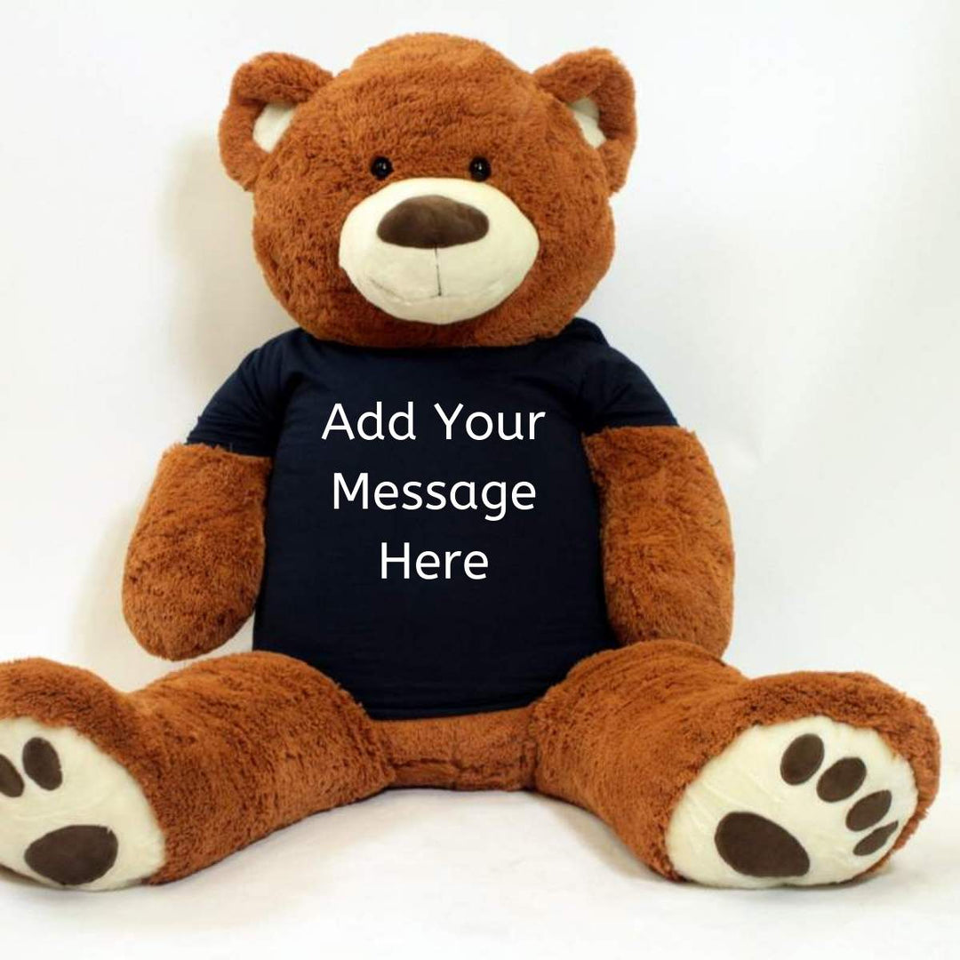 Personalized Big Plush 5 Foot Giant Brown Teddy Bear Wearing Customized Black T-Shirt with Your Message