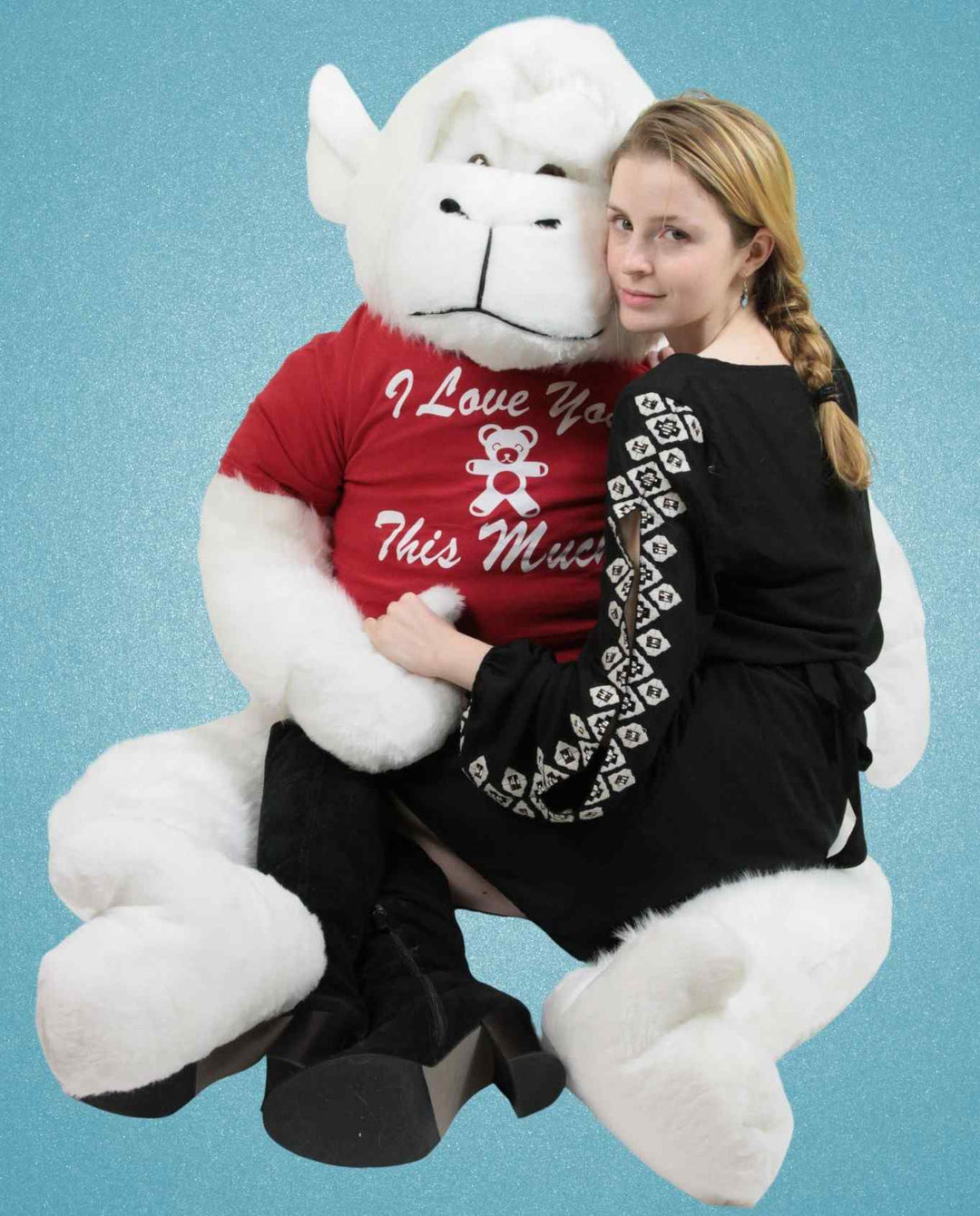 American Made 6 Foot Giant Stuffed White Gorilla wears t-shirt  I Love You This Much
