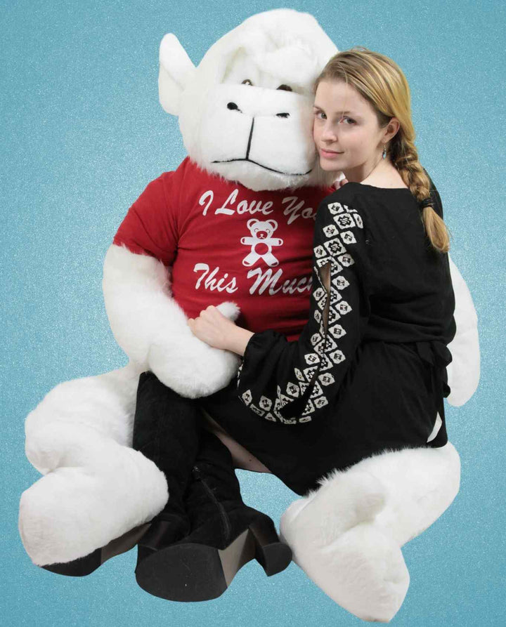 American Made 6 Foot Giant Stuffed White Gorilla wears t-shirt  I Love You This Much