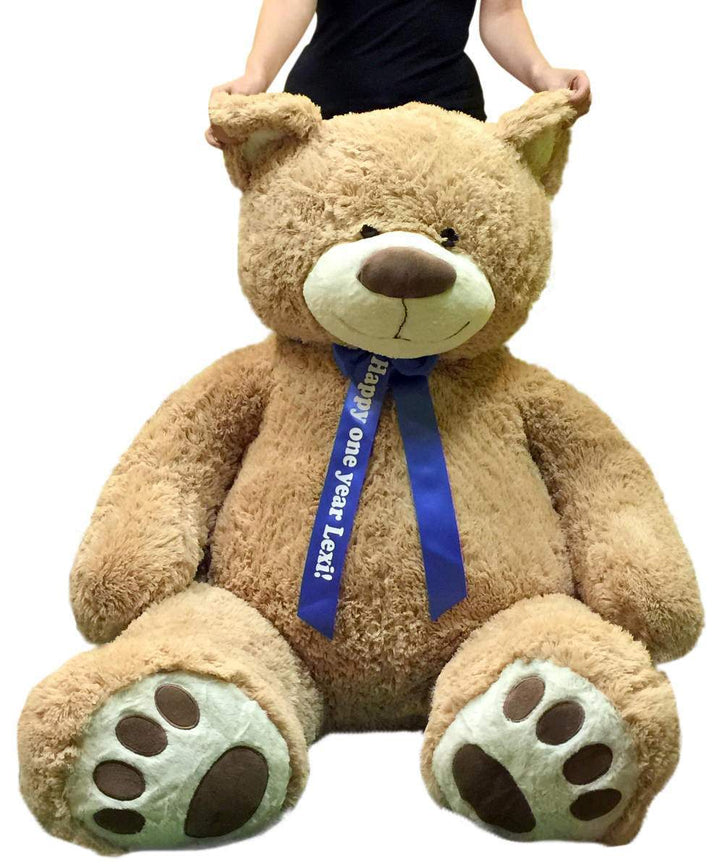 Custom Personalized Big Plush Giant Teddy Bear 5 Feet Tall - Your Name or Message Imprinted on Bear's Blue Neck Ribbon Bow - Tan Color with Bigfoot Paws Giant Stuffed Animal Bear