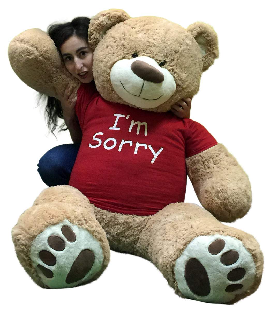 I'm Sorry Giant Teddy Bear 5 Feet Tall Tan Color Soft Wears T shirt that says I'M SORRY
