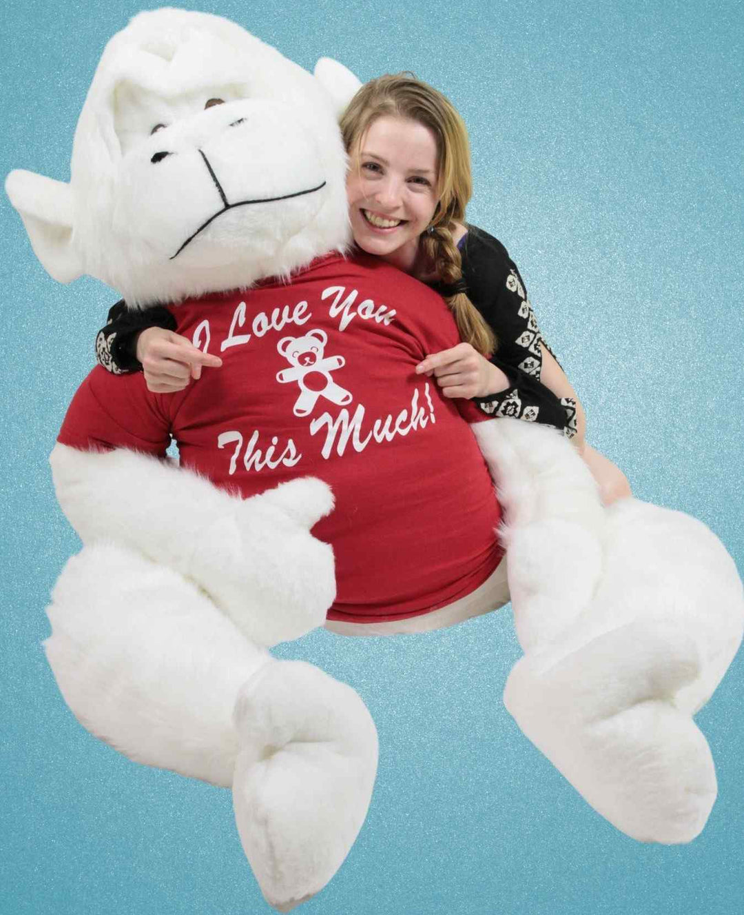 American Made 6 Foot Giant Stuffed White Gorilla wears t-shirt  I Love You This Much