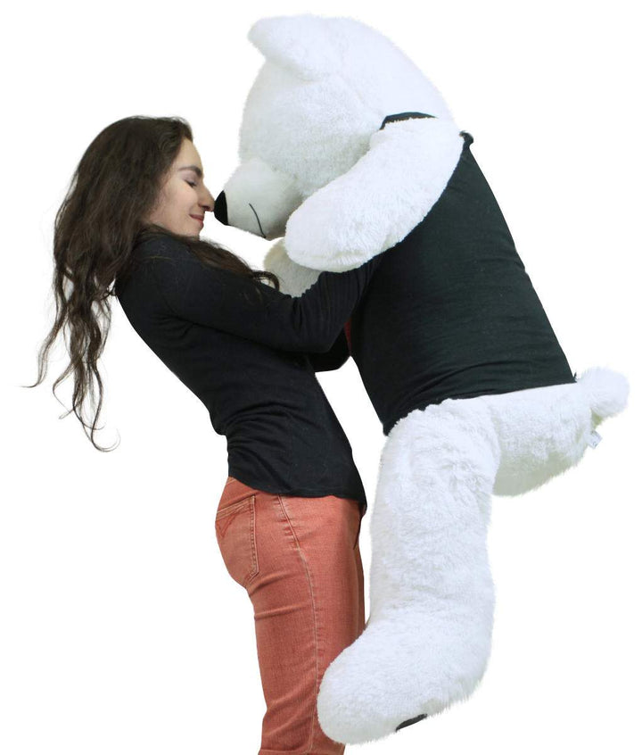 Very Big Valentine White Teddy Bear Wears Removable Black and Red Glitter T-shirt I Love You Soft 52 Inches
