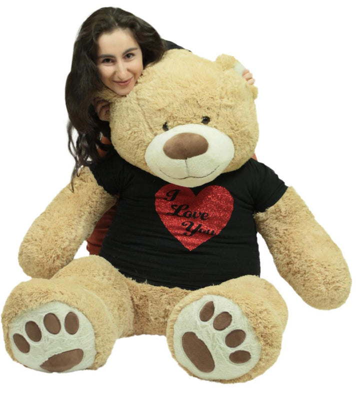 5 Foot Very Big Smiling Teddy Bear Wearing Black and Red I Love You T-shirt Soft  Tan Color