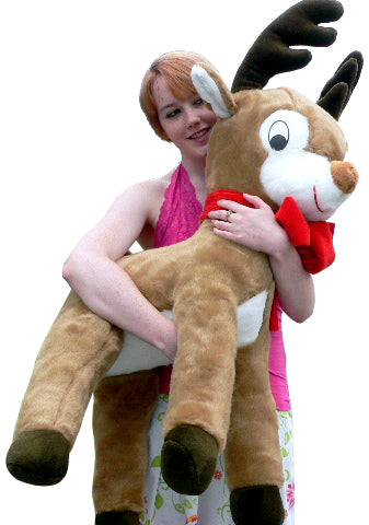 American Made Life size 4 feet-tall Big Plush Reindeer Wearing Red Scarf - Jumbo Christmas Winter Deer