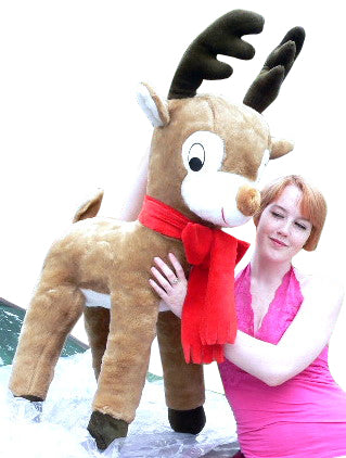 American Made Life size 4 feet-tall Big Plush Reindeer Wearing Red Scarf - Jumbo Christmas Winter Deer