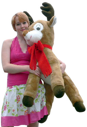 American Made Life size 4 feet-tall Big Plush Reindeer Wearing Red Scarf - Jumbo Christmas Winter Deer