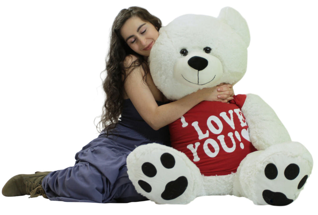 Giant Teddy Bear 52 Inch White Soft, Wears Removable T-shirt I Love You