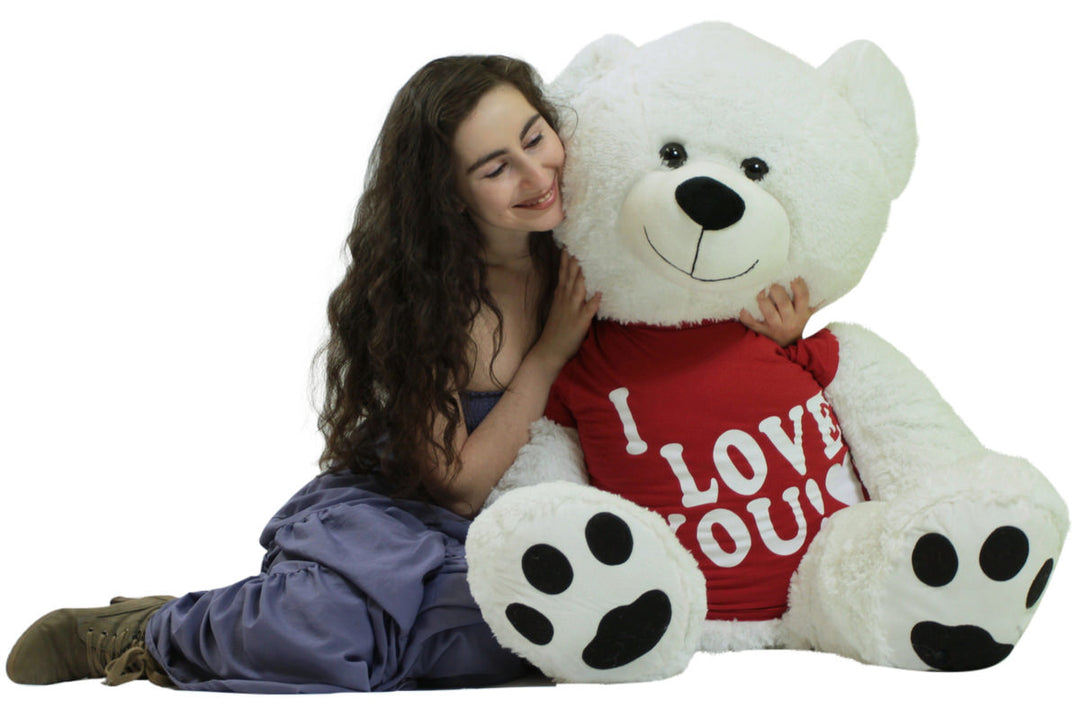 Giant Teddy Bear 52 Inch White Soft, Wears Removable T-shirt I Love You