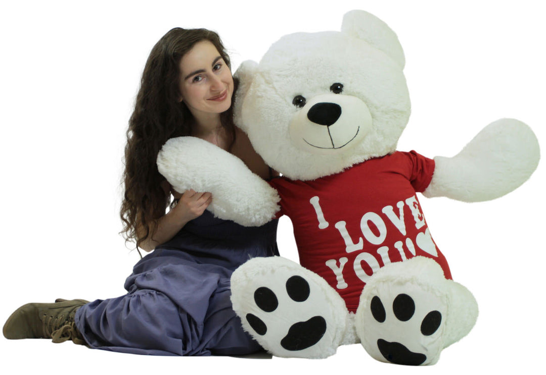 Giant Teddy Bear 52 Inch White Soft, Wears Removable T-shirt I Love You