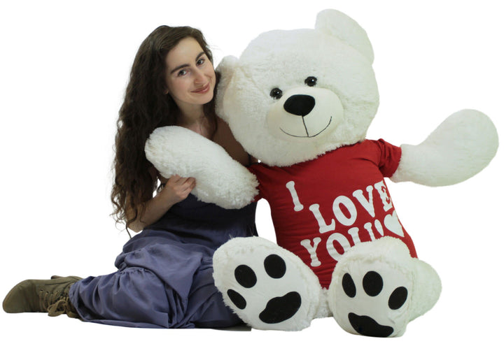 Giant Teddy Bear 52 Inch White Soft, Wears Removable T-shirt I Love You
