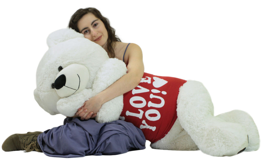 Giant Teddy Bear 52 Inch White Soft, Wears Removable T-shirt I Love You