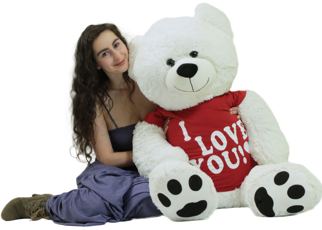 Giant Teddy Bear 52 Inch White Soft, Wears Removable T-shirt I Love You