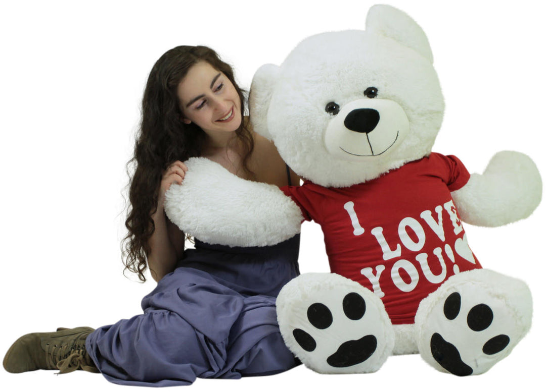 Giant Teddy Bear 52 Inch White Soft, Wears Removable T-shirt I Love You