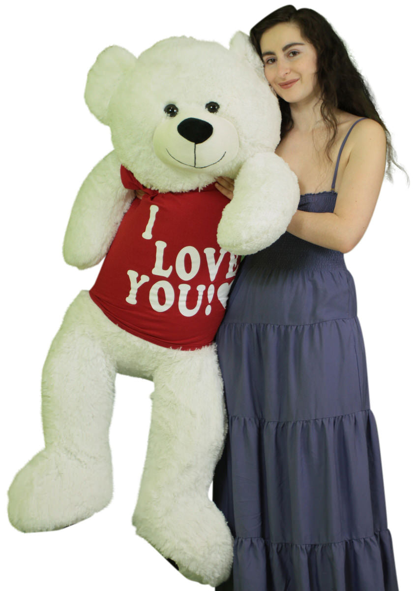 Giant Teddy Bear 52 Inch White Soft, Wears Removable T-shirt I Love You