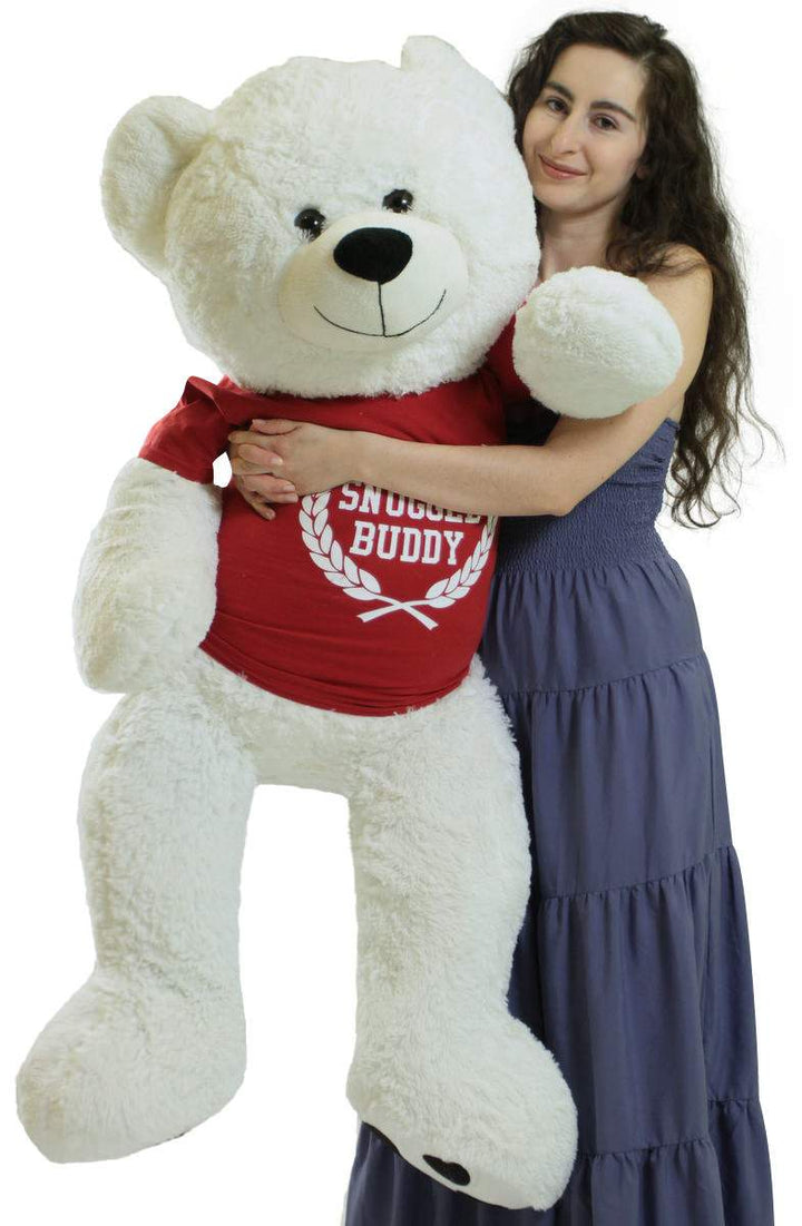 Giant White Teddy Bear 52 Inch Soft, Wears Removable T-shirt Official Snuggle Buddy
