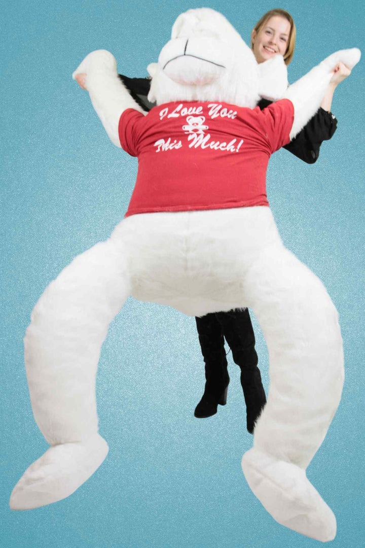 American Made 6 Foot Giant Stuffed White Gorilla wears t-shirt  I Love You This Much