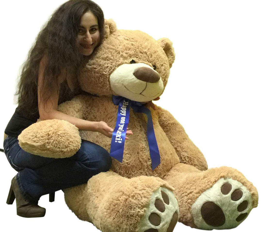 Custom Personalized Big Plush Giant Teddy Bear 5 Feet Tall - Your Name or Message Imprinted on Bear's Blue Neck Ribbon Bow - Tan Color with Bigfoot Paws Giant Stuffed Animal Bear