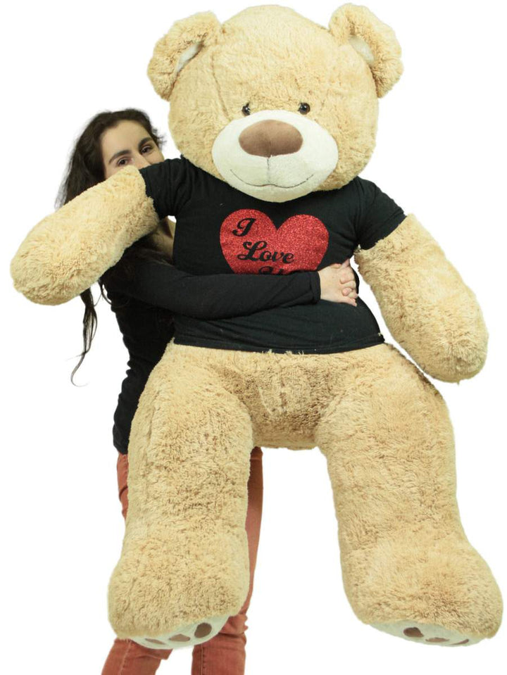 5 Foot Very Big Smiling Teddy Bear Wearing Black and Red I Love You T-shirt Soft  Tan Color