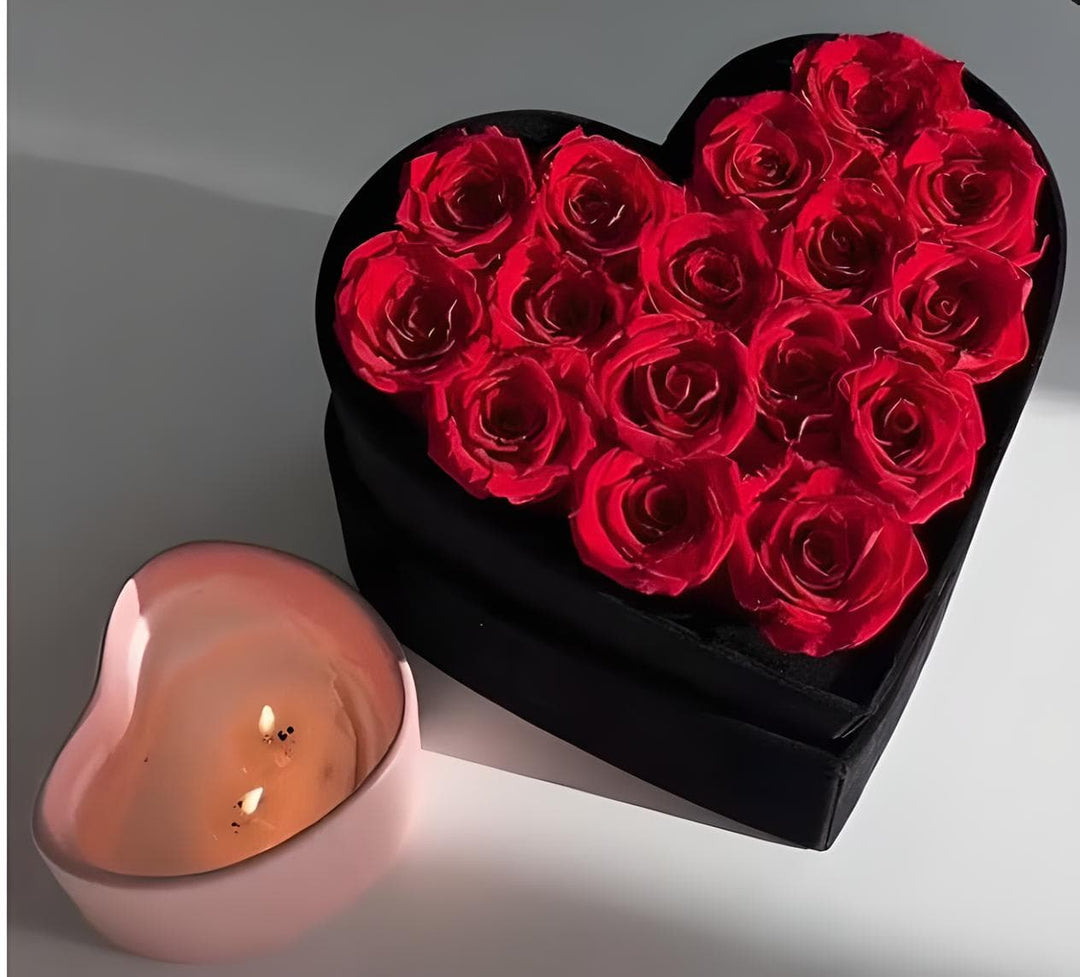 16 Preserved Roses Eternal Forever Rose Gift in Heart-Shaped Black Velvet Box - Valentines  Day Luxury Flowers  to Express Heart Felt Love