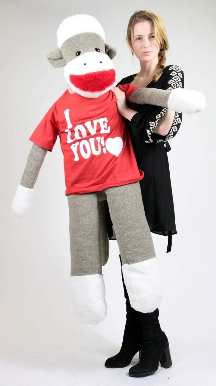 American Made Big Plush Giant Sock Monkey 54 Inch Soft Wears Removable T-shirt I LOVE YOU