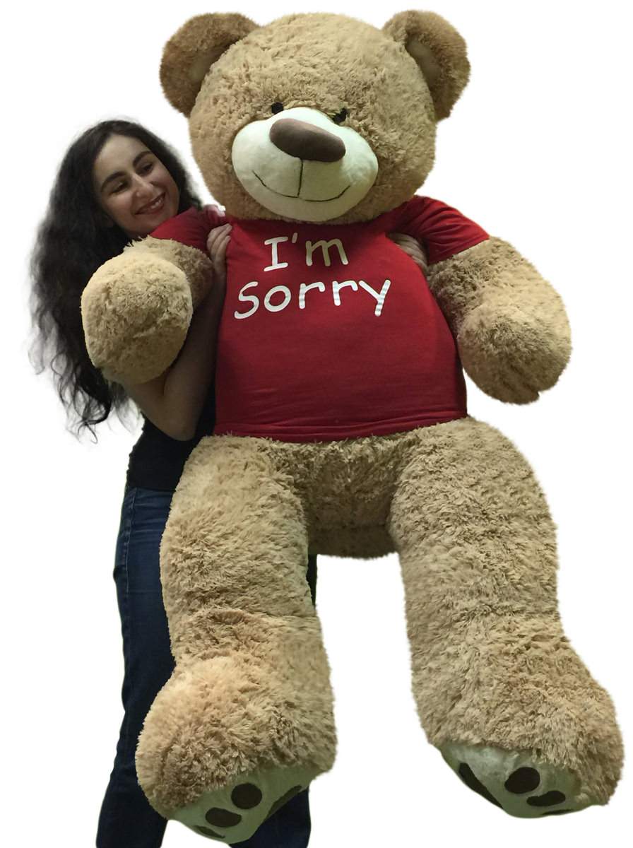 I'm Sorry Giant Teddy Bear 5 Feet Tall Tan Color Soft Wears T shirt that says I'M SORRY