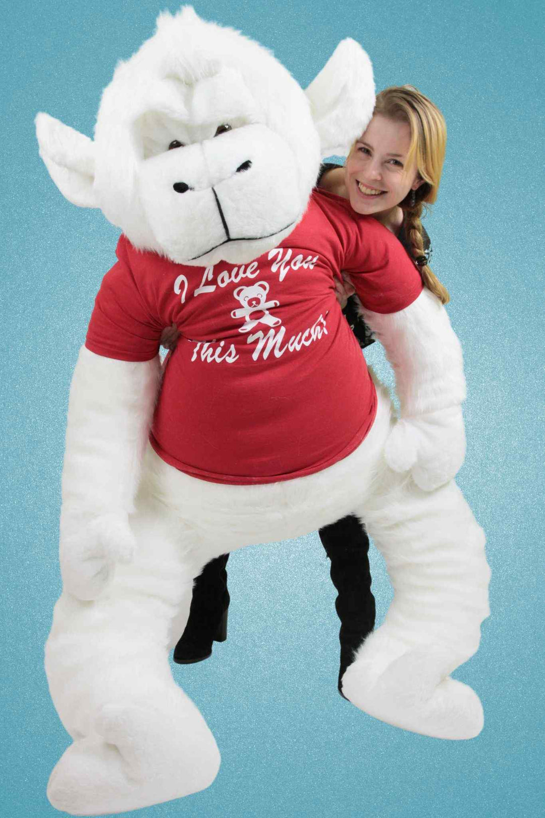 American Made 6 Foot Giant Stuffed White Gorilla wears t-shirt  I Love You This Much