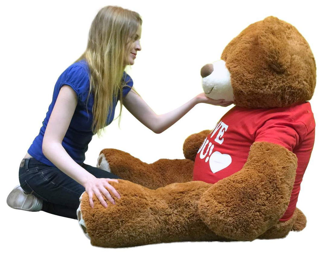 5 Foot Giant Teddy Bear 60 Inch Soft Cinnamon Brown Color Huge Wears I LOVE YOU T-shirt