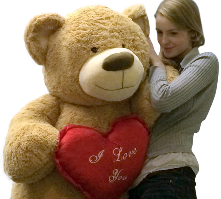 I Love You Giant Teddy Bear 5 Foot Soft Tan 60 Inch, Holds Heart Pillow