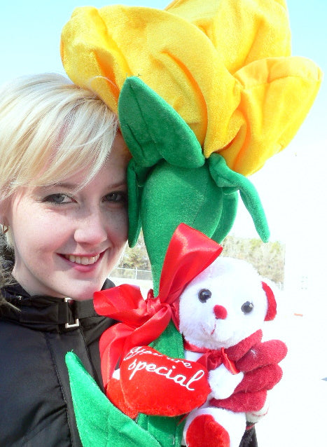 Giant Yellow Rose 6 Feet Tall Big Plush Flower, Teddy Bear on Stem.