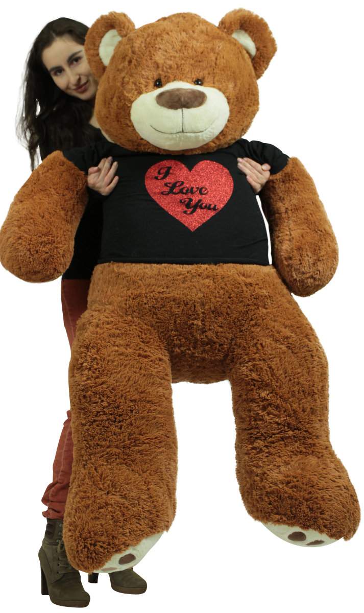 5 Foot Very Big Smiling Teddy Bear Wearing Black and Red I Love You T-shirt Soft Cookie Dough Color