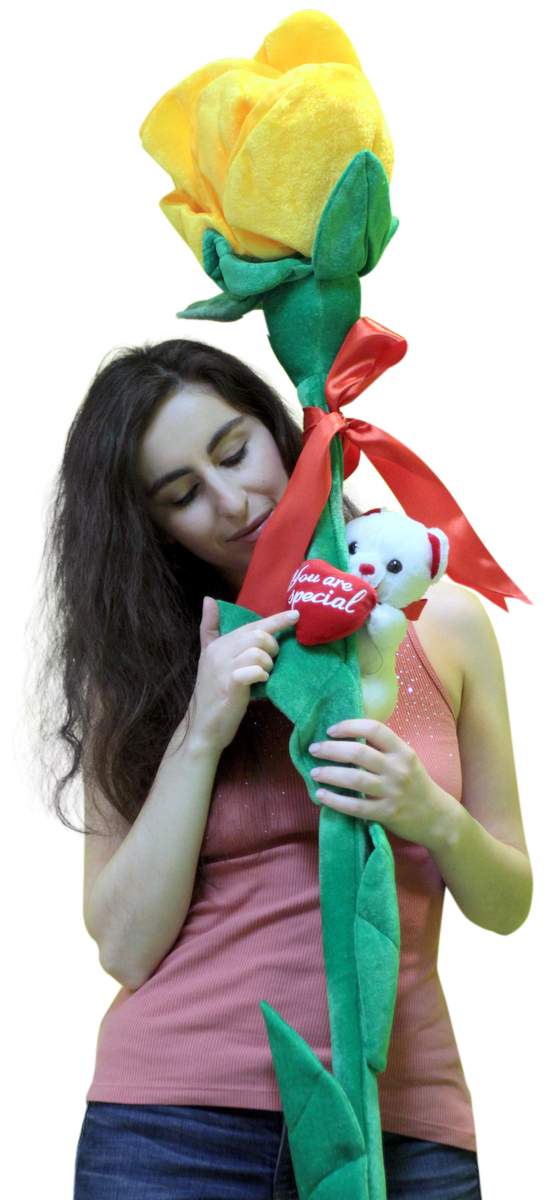 Giant Yellow Rose 6 Feet Tall Big Plush Flower, Teddy Bear on Stem.