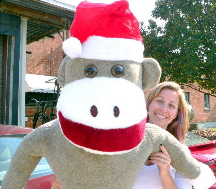 American Made Giant Sock Monkey Dressed for Christmas 6 Feet Tall wearing Santa Hat Stuffed Soft Made in the USA