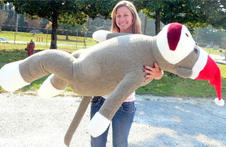 American Made Giant Sock Monkey Dressed for Christmas 6 Feet Tall wearing Santa Hat Stuffed Soft Made in the USA