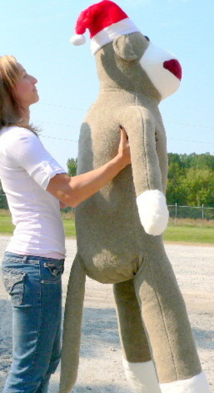 American Made Giant Sock Monkey Dressed for Christmas 6 Feet Tall wearing Santa Hat Stuffed Soft Made in the USA