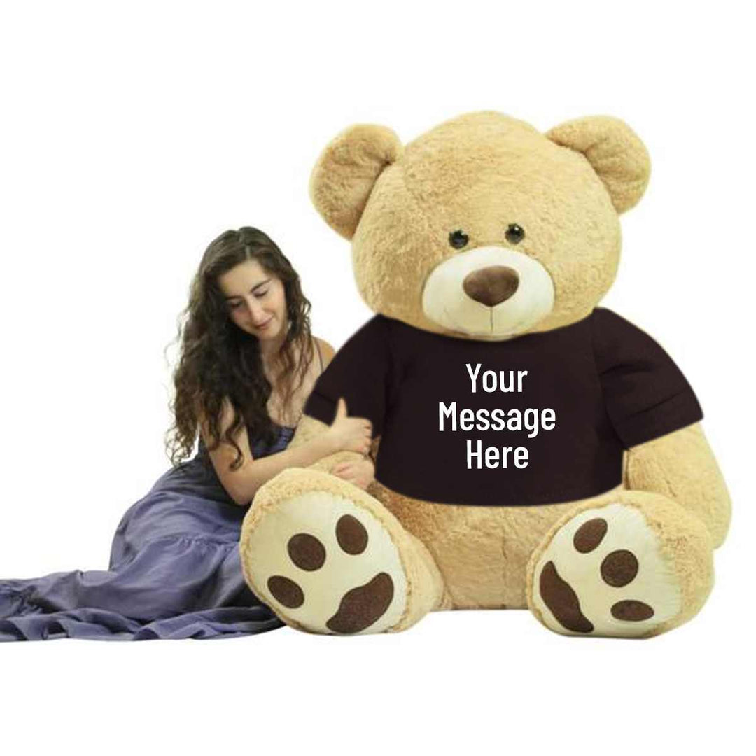 You design the text that is printed on this huge 6 foot teddy bears removable black color t-shirt.