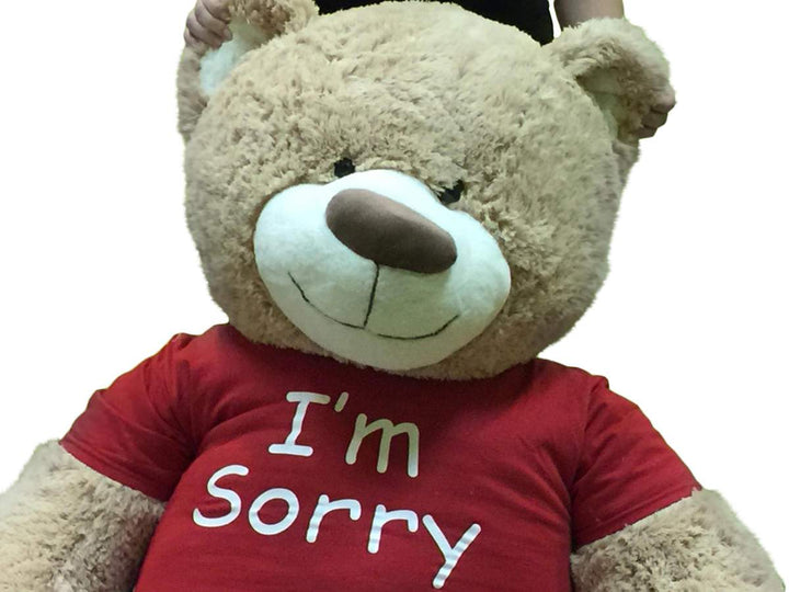 I'm Sorry Giant Teddy Bear 5 Feet Tall Tan Color Soft Wears T shirt that says I'M SORRY