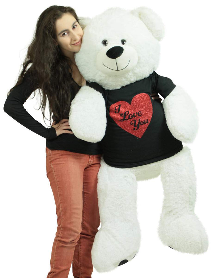 Very Big Valentine White Teddy Bear Wears Removable Black and Red Glitter T-shirt I Love You Soft 52 Inches