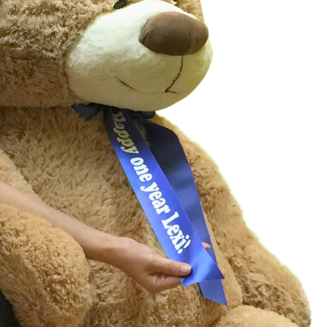 Custom Personalized Big Plush Giant Teddy Bear 5 Feet Tall - Your Name or Message Imprinted on Bear's Blue Neck Ribbon Bow - Tan Color with Bigfoot Paws Giant Stuffed Animal Bear