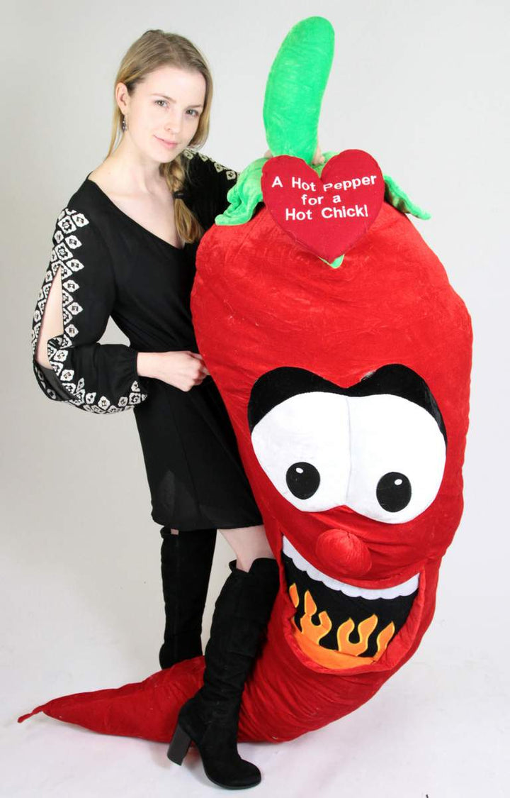 6ft Giant Stuffed Red Hot Pepper for a Hot Chick - Embroidered Heart Says A HOT PEPPER FOR A HOT CHICK