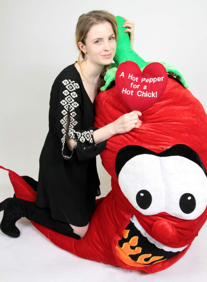 6ft Giant Stuffed Red Hot Pepper for a Hot Chick - Embroidered Heart Says A HOT PEPPER FOR A HOT CHICK