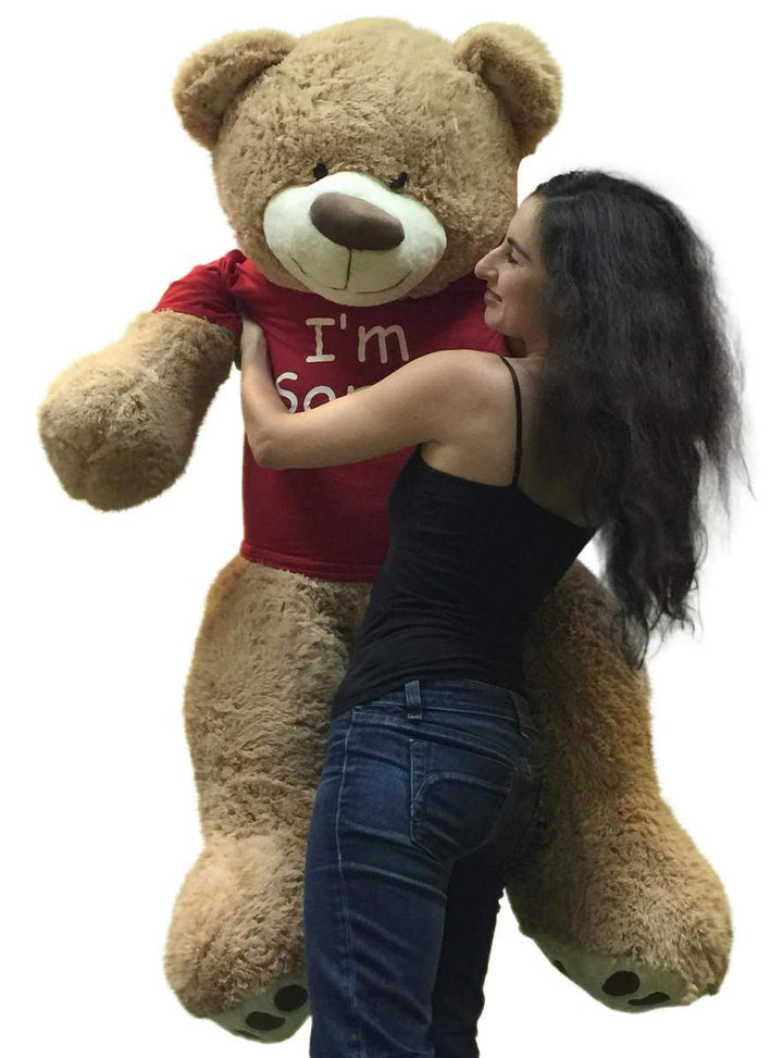 I'm Sorry Giant Teddy Bear 5 Feet Tall Tan Color Soft Wears T shirt that says I'M SORRY