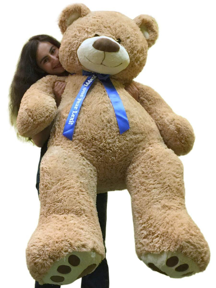 Custom Personalized Big Plush Giant Teddy Bear 5 Feet Tall - Your Name or Message Imprinted on Bear's Blue Neck Ribbon Bow - Tan Color with Bigfoot Paws Giant Stuffed Animal Bear