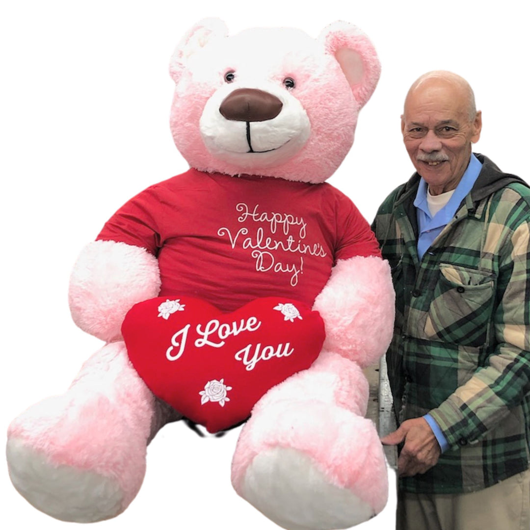Valentine's Day 5ft Giant Pink Teddy Bear Holding I Love You Heart Pillow Wearing Valentine's Day T-Shirt