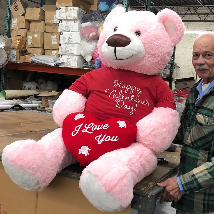 Valentine's Day 5ft Giant Pink Teddy Bear Holding I Love You Heart Pillow Wearing Valentine's Day T-Shirt