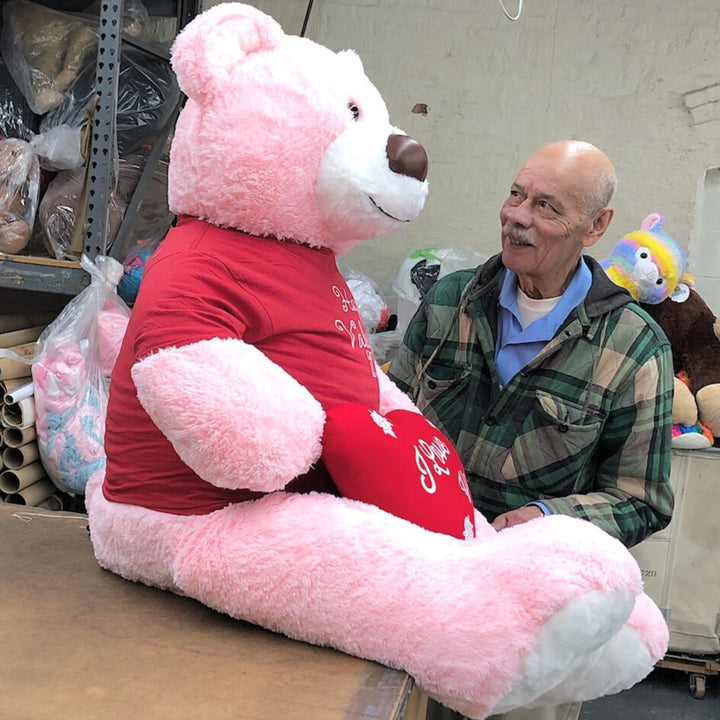 Valentine's Day 5ft Giant Pink Teddy Bear Holding I Love You Heart Pillow Wearing Valentine's Day T-Shirt
