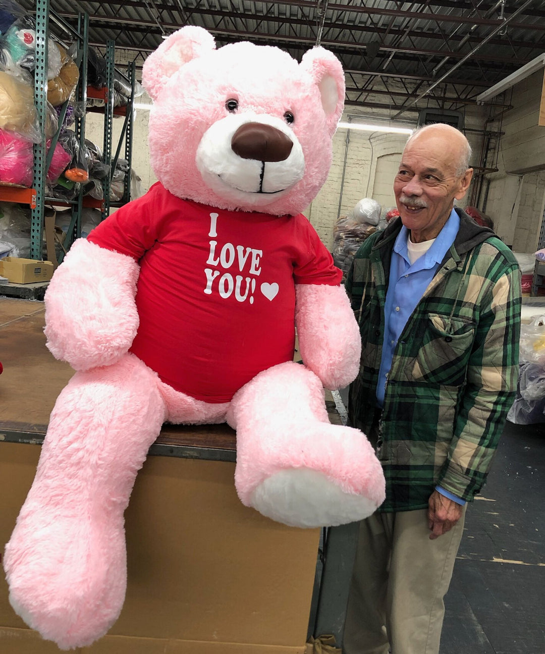 5ft Giant Pink Teddy Bear Wears Removable T-Shirt that reads I Love You