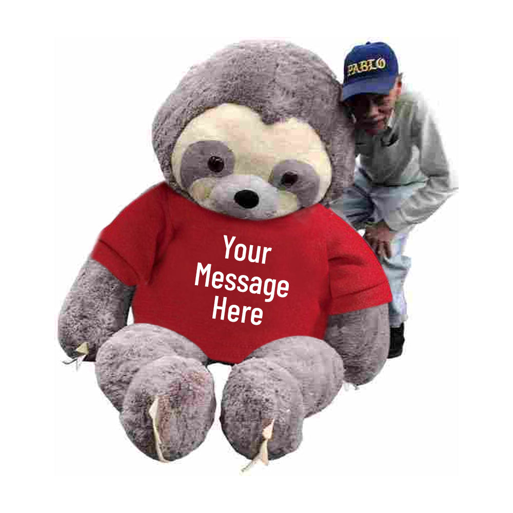 Personalized giant stuffed sloth 7 feet tall wearing a removable red t-shirt with your text on it's shirt